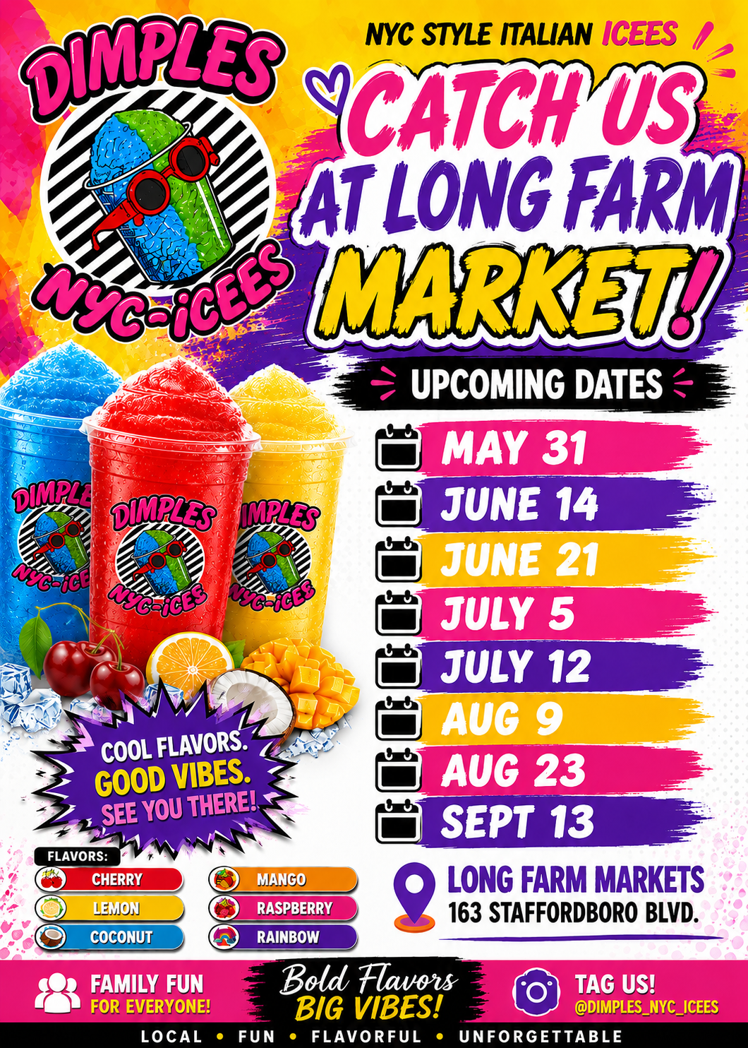 DIMPLES NYC-iCEE First Event — Sunday May 24, 8AM-2PM at Long Family Markets, 163 Staffordboro Blvd.